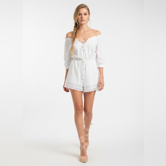 Zimmermann White Swiss Dot Cotton Romper Off Shoulder Tie Waist Size 8 M fits S - Picture 2 of 12